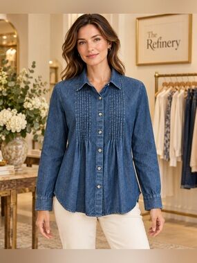 Back in the Saddle Denim Pintuck Button-Front Shirt - Blue New